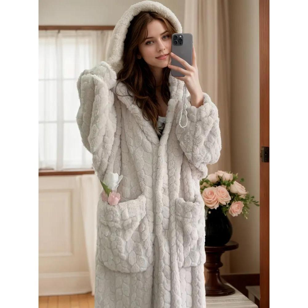 Halat confortabil cu glugă din fleece coral pentru femei - Lung, cald și moale, rochie de lounge cu buzunare, lavabil la mașină - Perfect pentru toamnă/iarnă