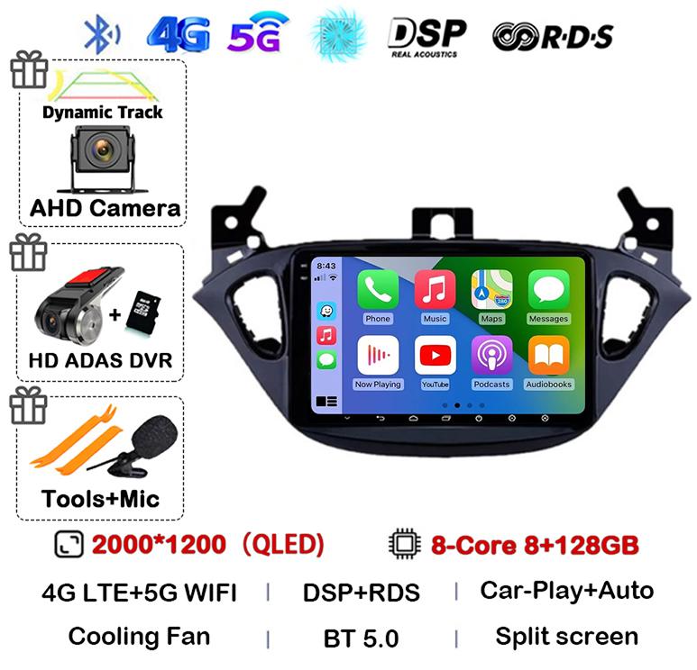 Android 14 Carplay Auto WIFI+4G For Opel Corsa E 2015-2019 For Opel Adam 2013-2016 Car Radio GPS Multimedia Video Player Stereo