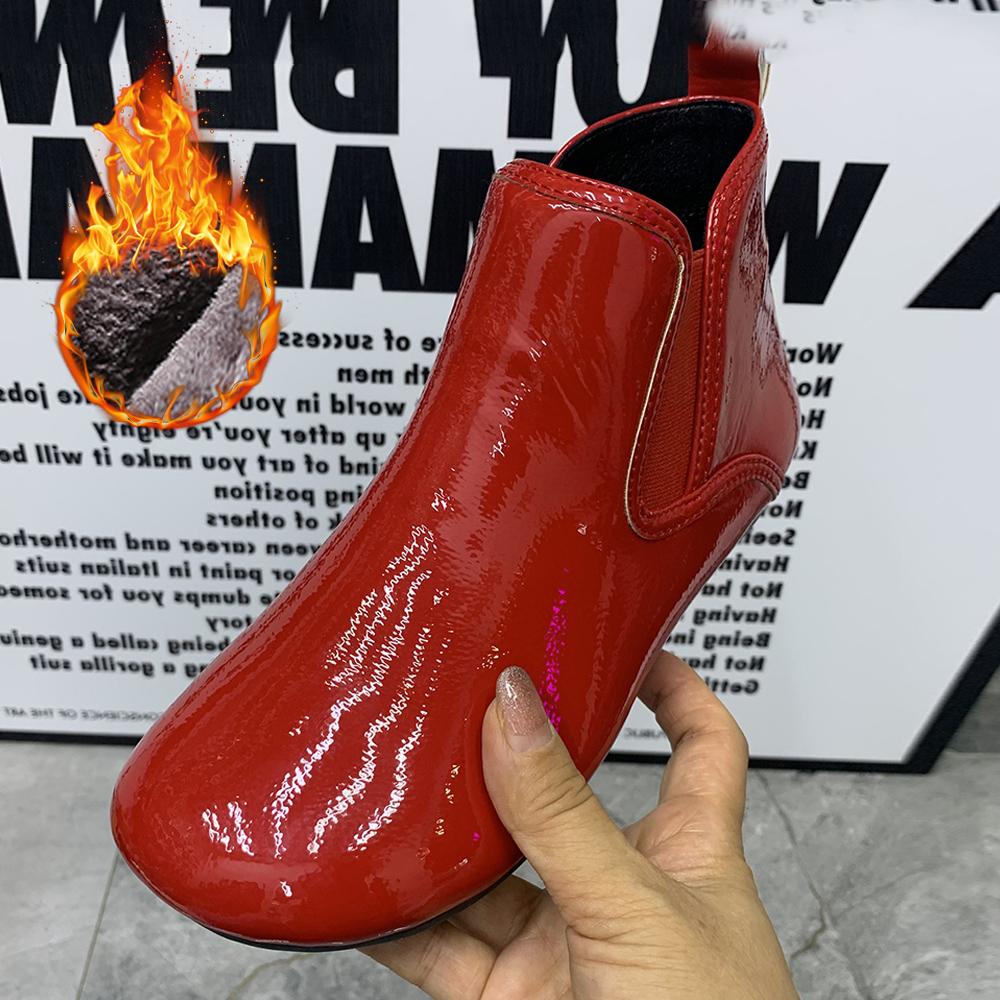 Fashion Women Boots Patent Leather Ankel Boots Warm Fur Snow Boots Waterproof Antislip Casual Women Shoes Plush Flat Boots
