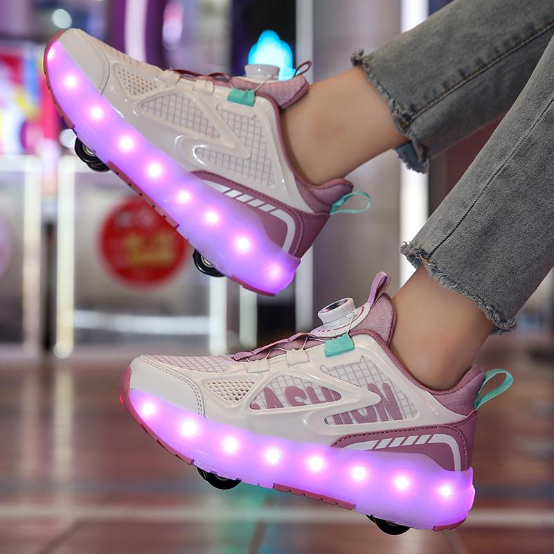 Letní Heelys Dívčí Síťované Prodyšné Kolečkové Brusle Studentky Čtyřkolečkové Dobíjecí LED Sportovní Brusle Chlapci Svítící Sportovní Boty