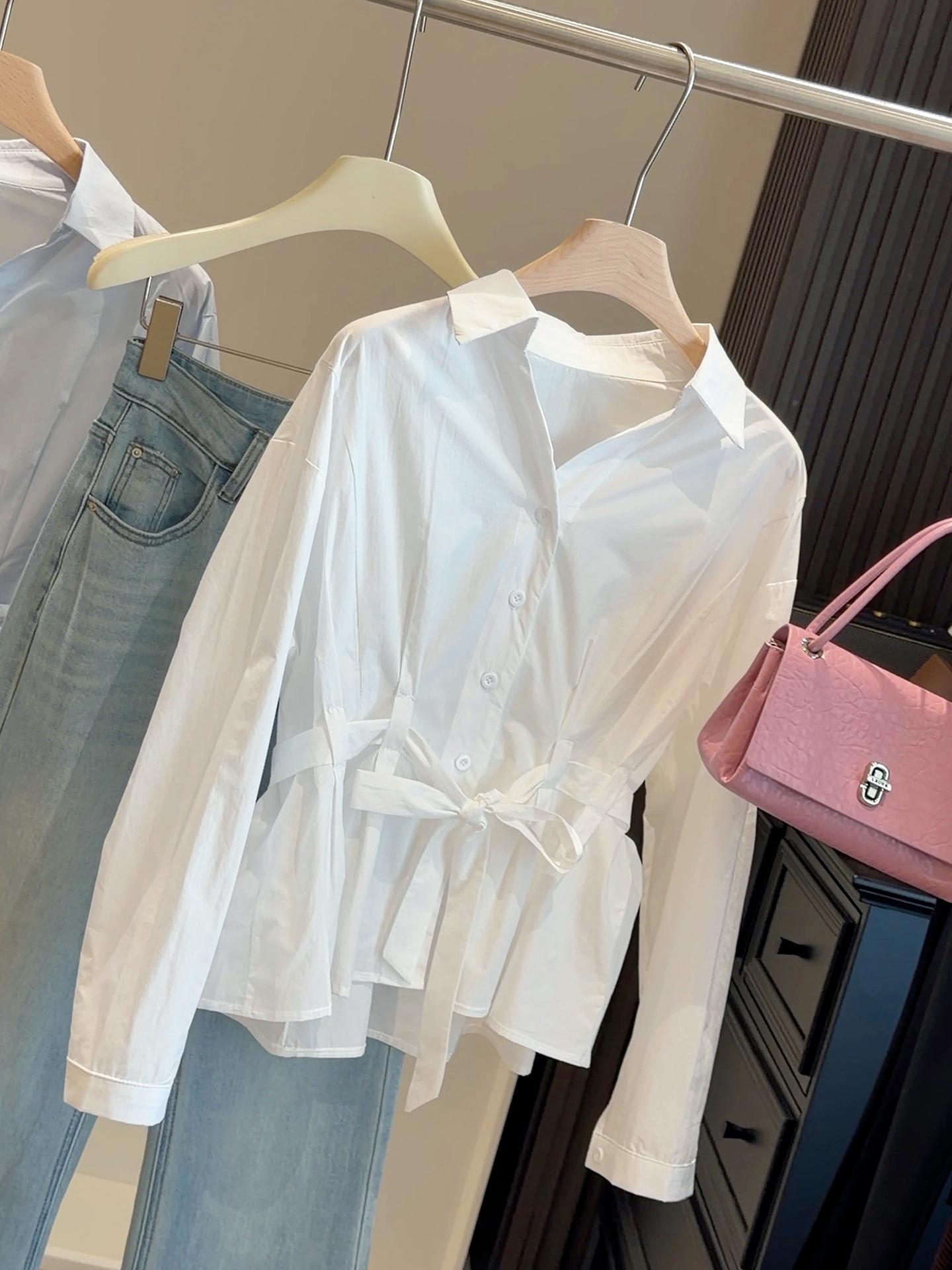 Women s Stylish French Lapel Slim White Shirt for Spring/Autumn One Size