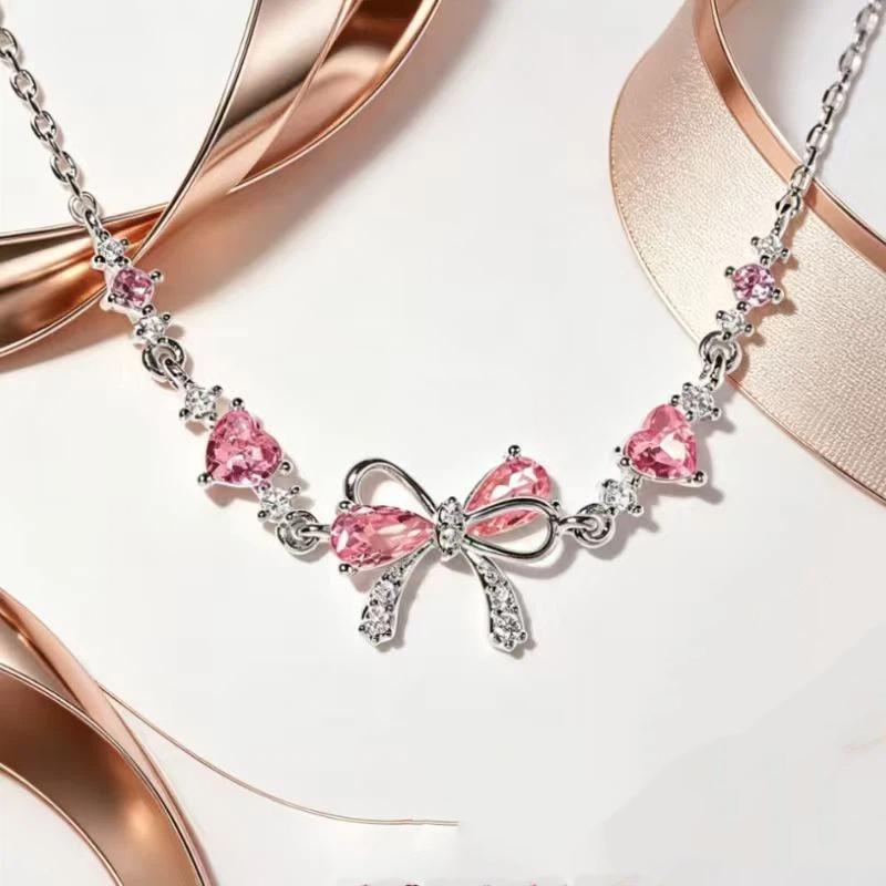 Shiny Pink Bow Heart Zircon Jewelry Set Necklace Bracelet for Women Trendy Y2K Style Accessory Gift for Teens