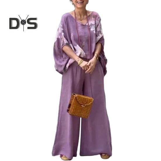 

2 шт./комплект блузка штани костюм V-подібним вирізом рукави летюча миша мішкуваті вільні квіткові принт топ широкі штани з еластичною талією повсякденний одяг для щоденного використання на роботу та подорожі XXL фіолетовий