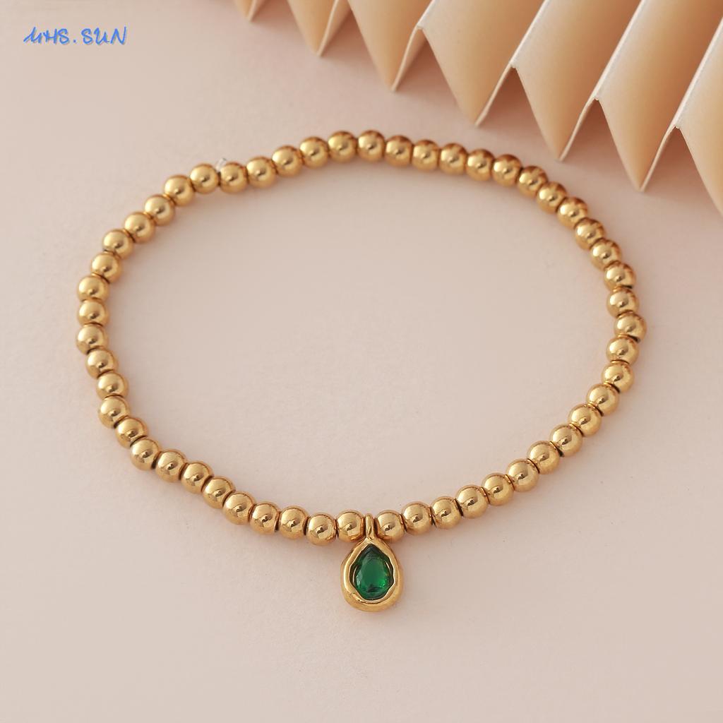 MHS.SUN Stainless Steel Gold Plated 12 Months Birthstone Beaded Bracelets For Women Men Zircon Water Droplet Charm Trend Jewelry