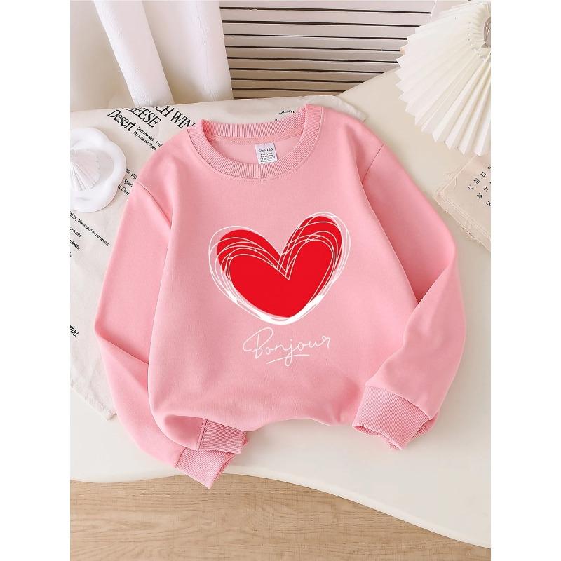 European sizes Kids' Crewneck Sweatshirt - Red Heart with White Lines And Cursive , Sportswear And Casual Wear, Soft And Comfortable