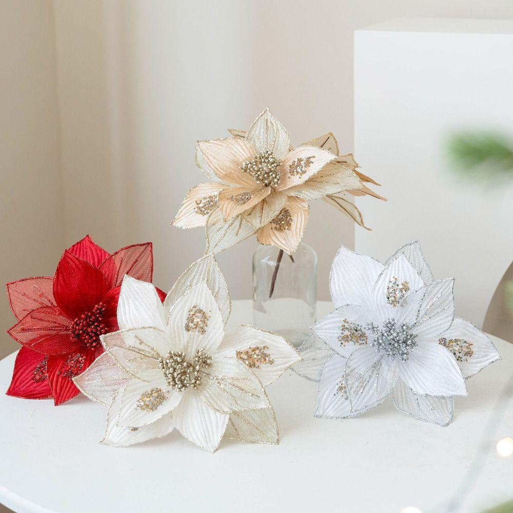 Fabric Plastic Christmas Artificial Flowers 25CM Glitter Fake Flower  Christmas Decor