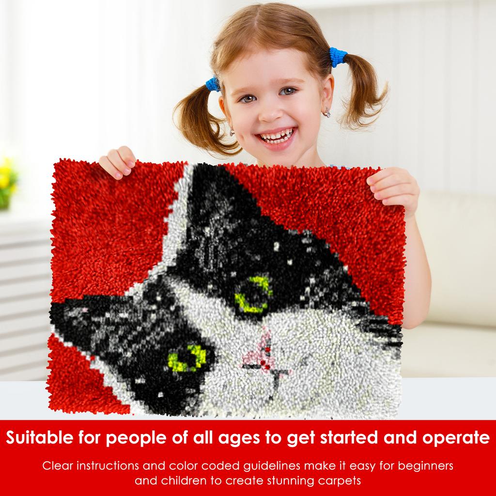 Animal Cat Style Latch Hook Rug Kit Pre Printed Bright Color Latch Carpet Making Kit for Adults Kids Beginners