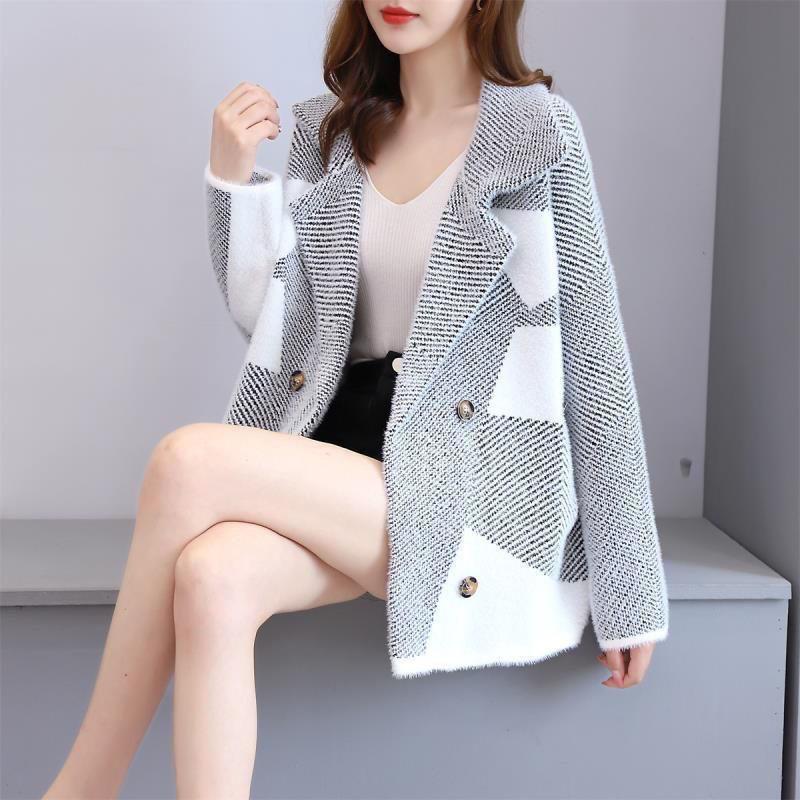 Women's Mink Fleece Coat Thickened Contrasting Faux Mink Fleece Knitted Cardigan Coat Plush Knitted Jacket