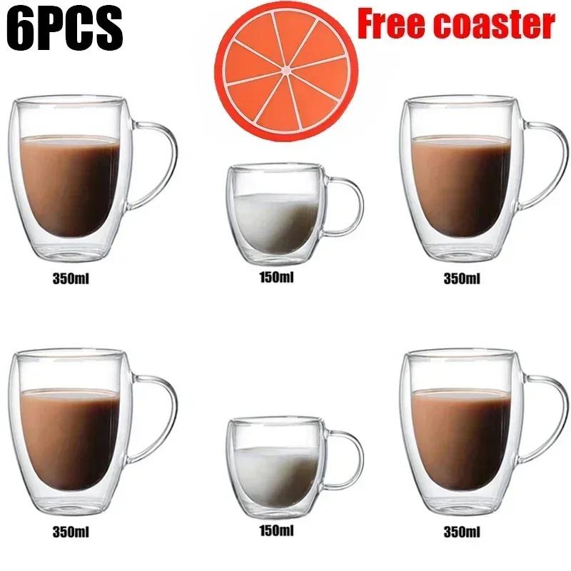 2-6pcs Double-layer Wall Transparent Cup Coffee Milk Drink Mug High Borosilicate Glass Drinkware Heat Resistant Household Office
