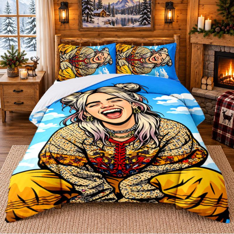 Billie Eilish Pattern Bedding 3Pcs Set Bed Sheet And Pillowcases For Indoor Bedroom