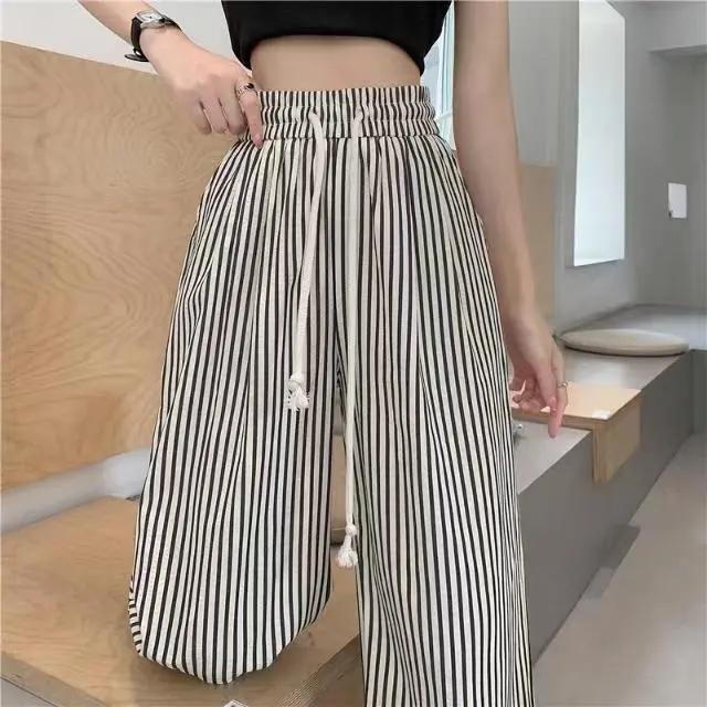 Plus Size Drawstring Sweatpants Jogger Women Wide Leg Pants Retro High Waist Stripe Elastic Woman Pant Black Loose Long Trouser