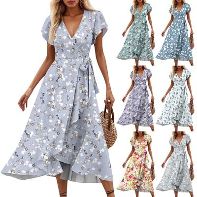 Vestidos Femininos Decote V Cinturado Estampa Floral Manga Curta