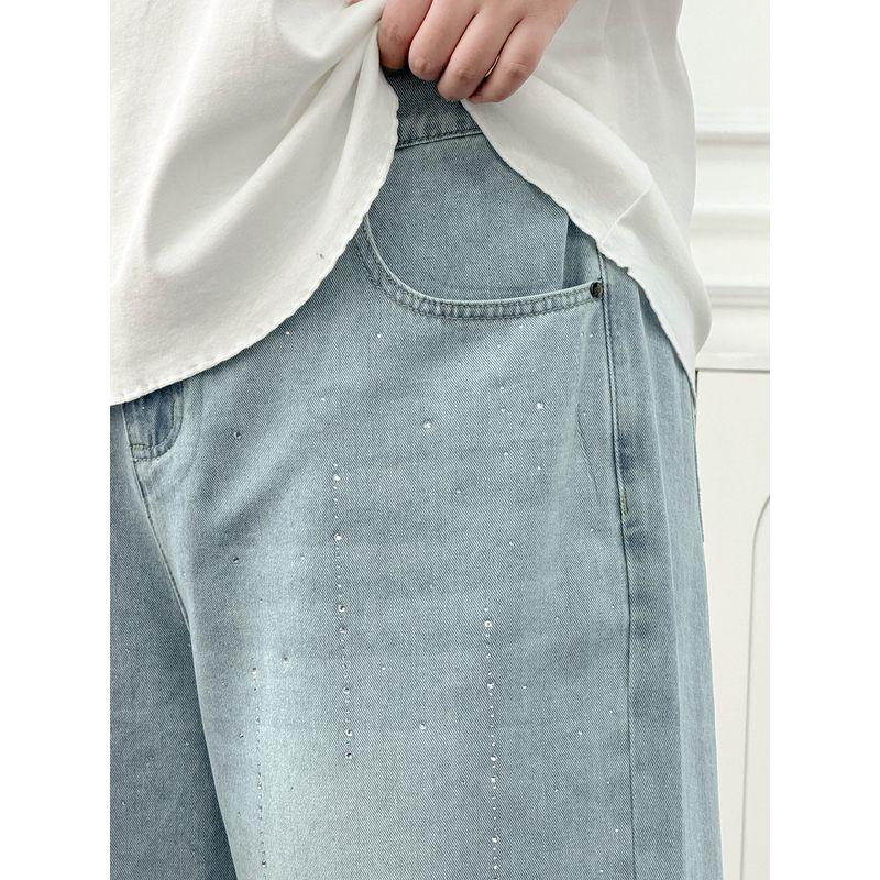 Plus size women clothing [Flash Jeans] Three Pants with Diamonds Shiny Summer Chubby Girl High Waist Straight Wide Leg Pants