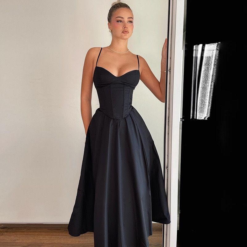 

French style Temperament Women clothes New Beautiful Sexy V-neck Sling Long dress Black Waist Hugging Backless Sexy dresses for women Women Black L