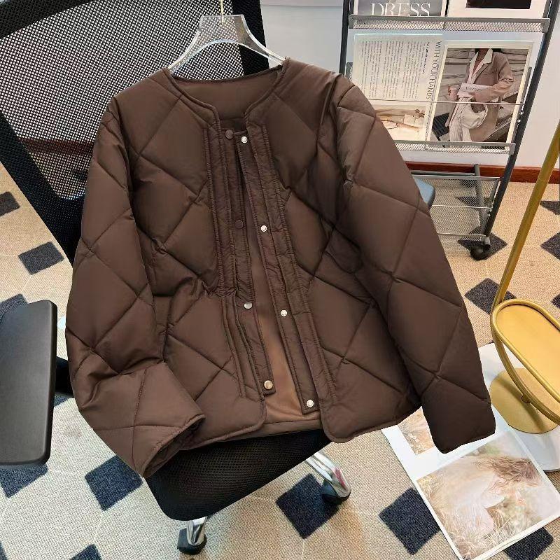 New Autumn and Winter Thin Down Cotton Jacket Collarless Rhombus Grid Small Slim Women's Jacket