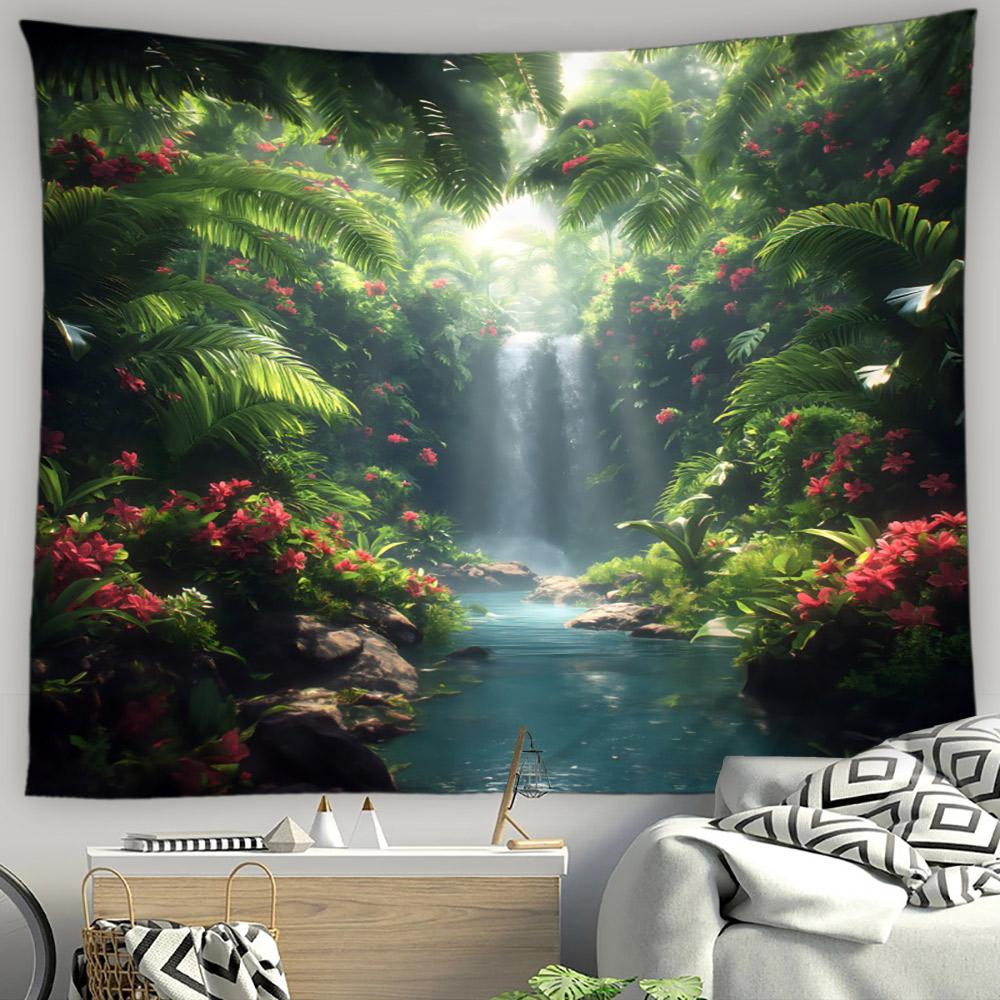 Asian Style Landscape Tapestry Nature Scenery Forest Waterfall Bedroom Living Room Home Wall Hanging Decor Natural Tapestry