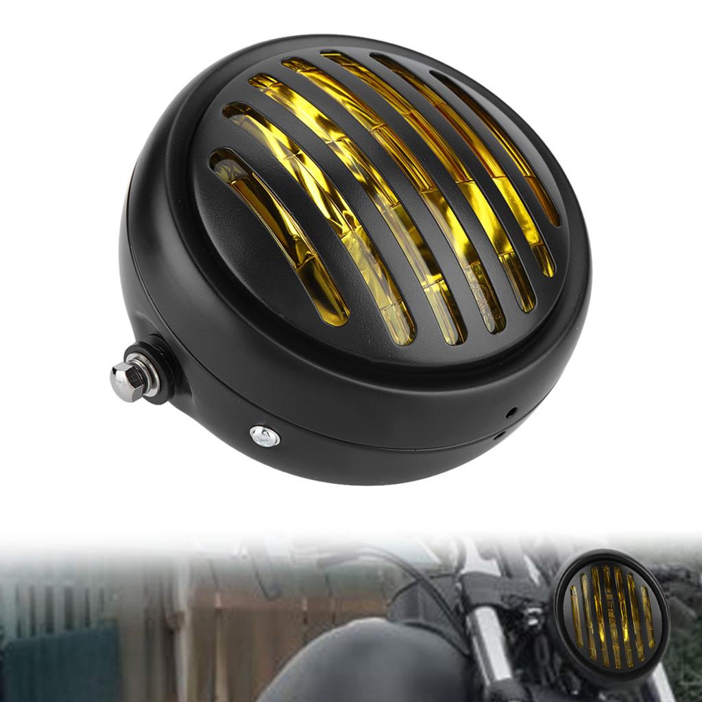   Motorcycle Retro Black   Grill Cover Hdlamp Front Hdlight Yellow Lens