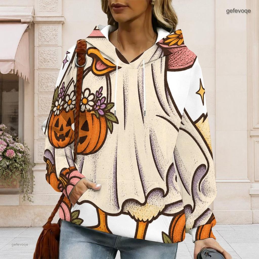 Women Long Sleeve Drawstring Hood Kangaroo Pocket Pullover Printed Hoodie