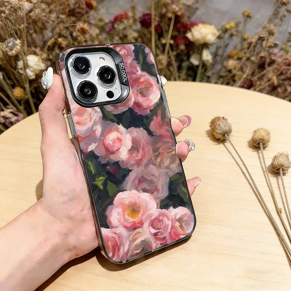 Oil Painting Flowers Series Phone Case For iPhone 17,16,15,14,13,12,11 Plus,Pro Max,XS,Colored Silver Plated Inside Cover