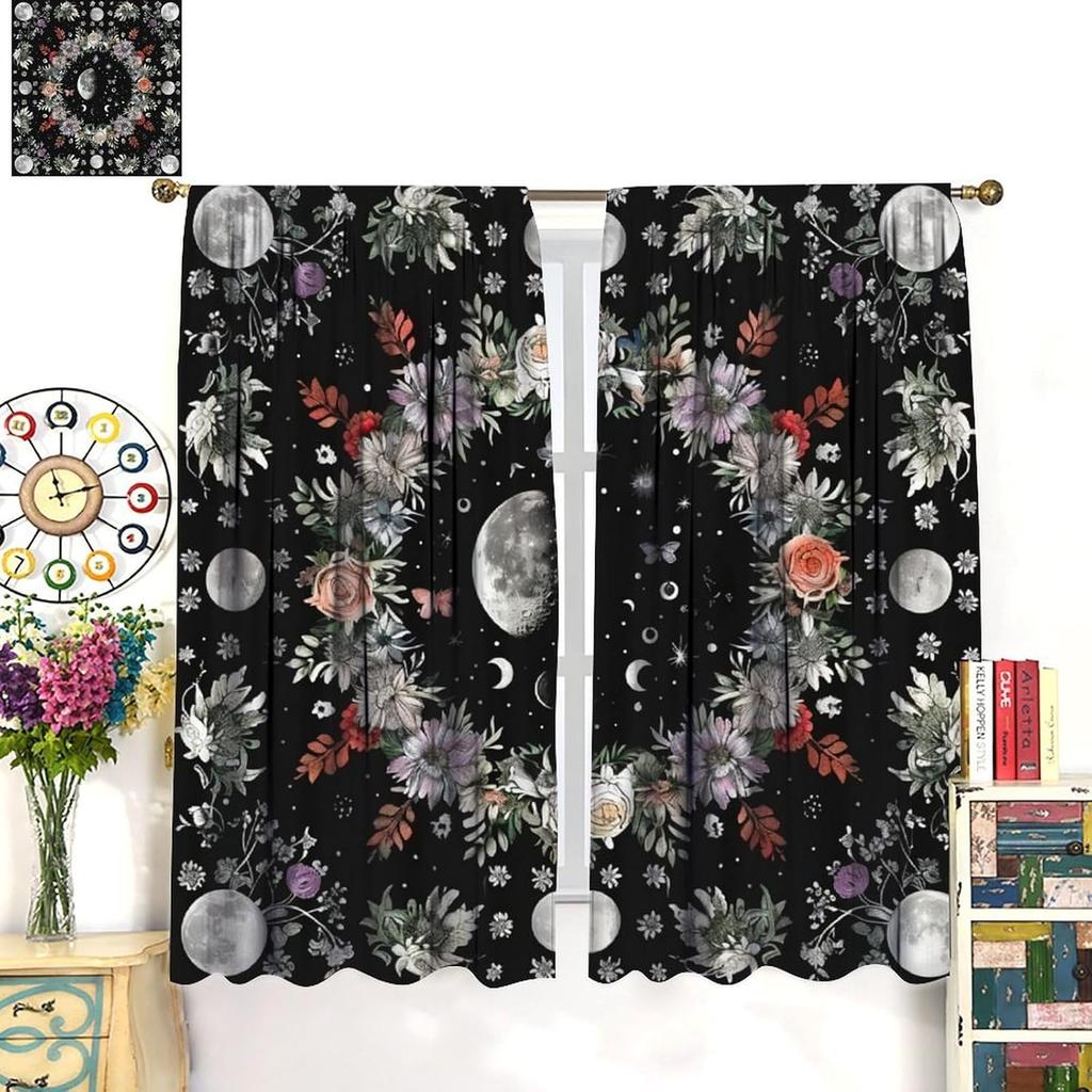 Moon Flower Blackout Curtains   Rustic Farmhouse Plant Moon Floral Bohemian Natural Print Window Drapes   for Bedroom Living Room