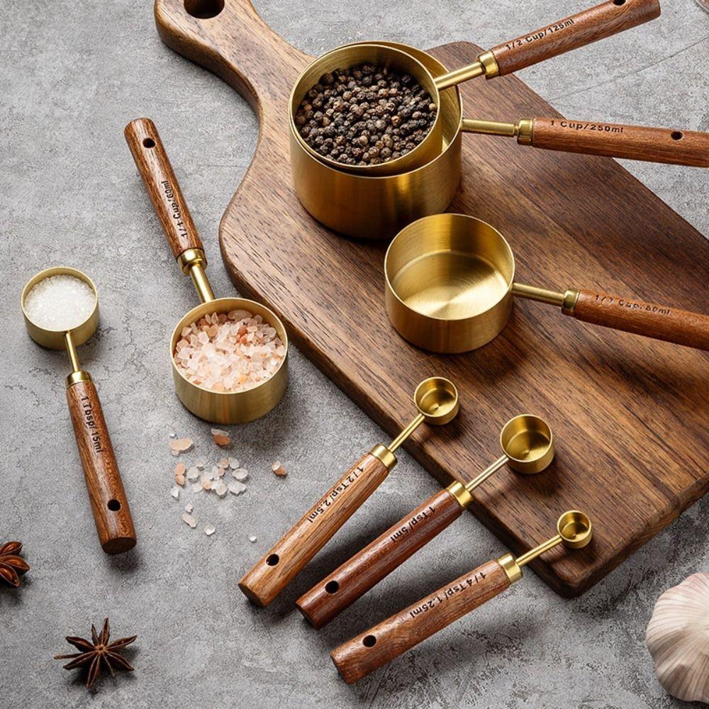 8Pcs Wooden Handle Measuring Spoon Set Gold Brown Baking Measuring Tool Home Kitchen