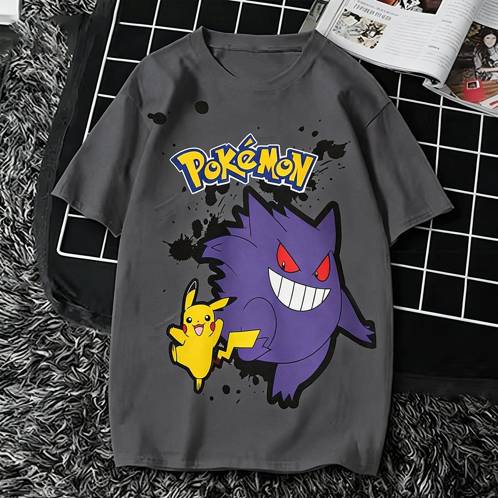 Bandai Pokemon Pikachu Gengar T Shirt Unisex Women Summer Cotton Short Sleeve Tee Anime Print Tops Streetwear Parentchild Clothing
