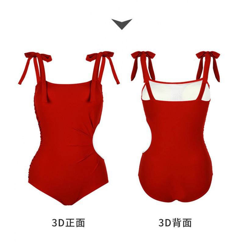 Vintage Red One-piece Swimming Suit Women's Triangular Hollow Out Sexy Racing Belly-covering Skin-looking Hot Girl Pure Desire Style Soak In