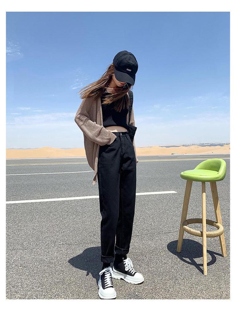 High-Waisted Fleece-Lined Korean Style Jeans for Petite Women, Autumn/Winter, Loose Fit, Straight Leg, Harem Carrot Cut.