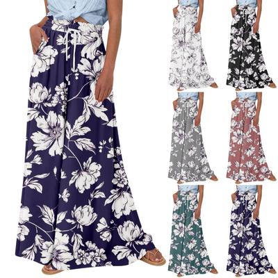 Women's High Waisted Wide Leg Pants Summer Casual Flowing Pocket Wide Leg Pants Floral Print Beach Pants
