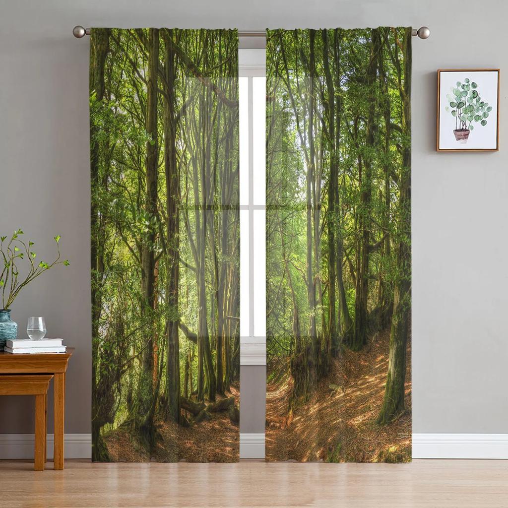 Plant Birch Tree Green Forest Chiffon Curtains Living Room Bedroom Home Decoration Window Voiles Tulle Curtain Sheer Made Of Polyester Sitting Decor