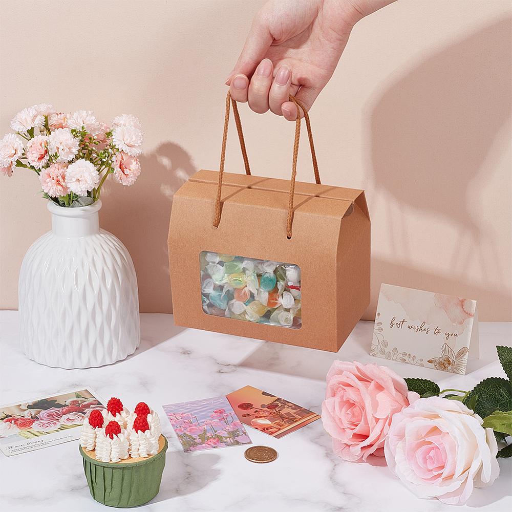 20pcs Cardboard Gift Handle Boxes with Polyester Ropes Plastic Visible Window Case Rectangle BurlyWood 15x9x12cm