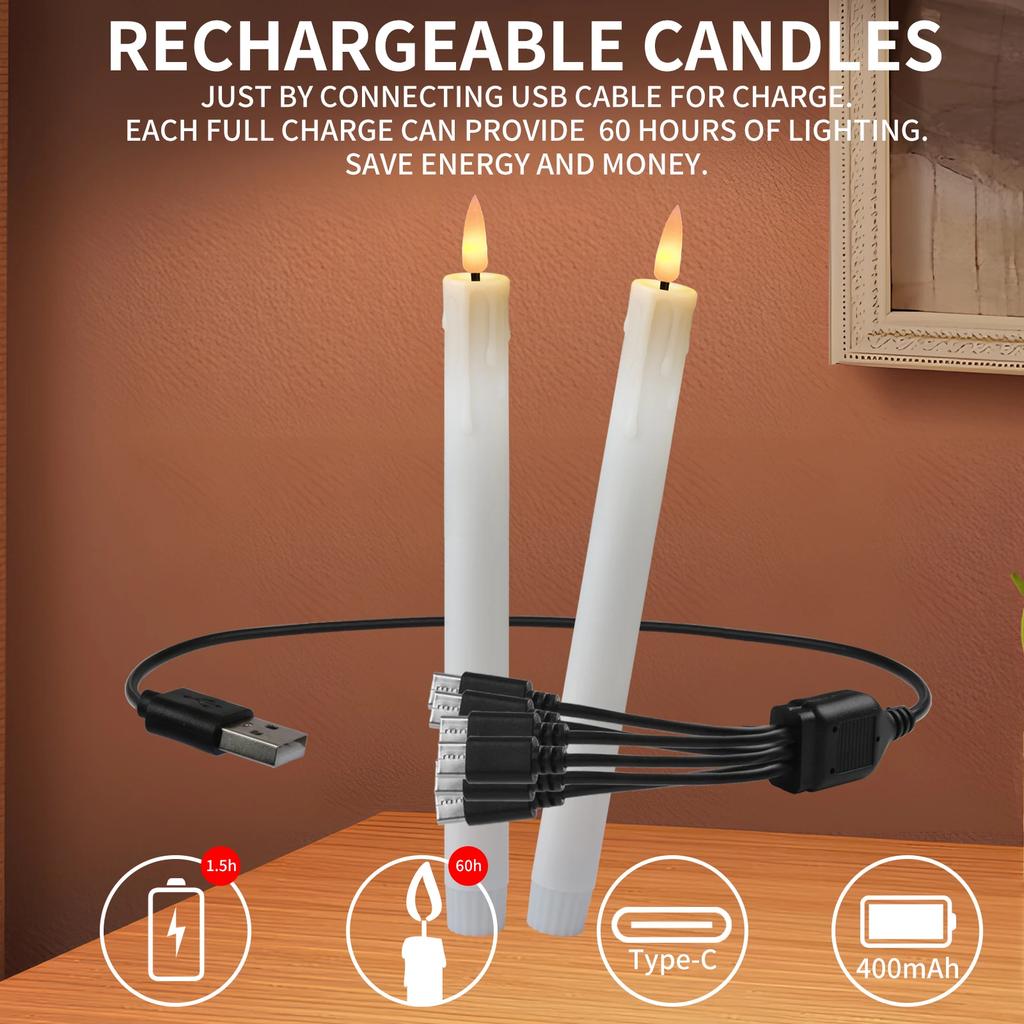 Rechargeable Taper Candles with Remote & 24Pcs Plastic Lamp Head Flickering Flameless Dripping Wax Window Candlesticks Home Deco