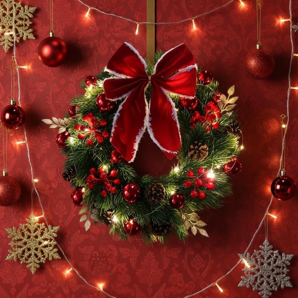 With LED Light and Bow Christmas Wreath Xmas Hanging Ornaments  Door