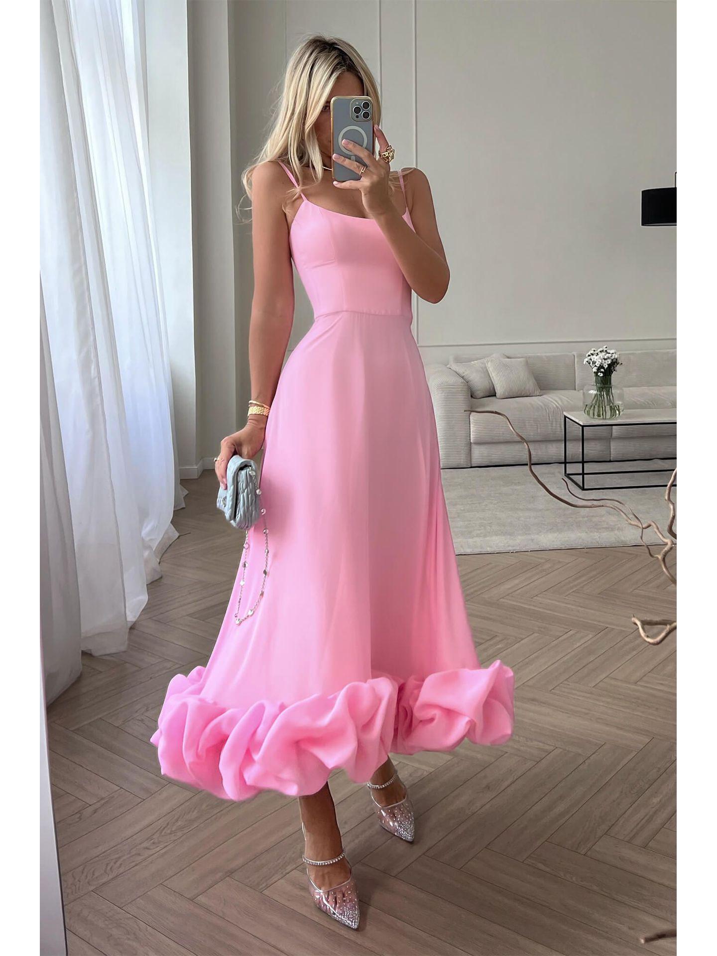 

2023 Женское вечернее А-силуэтное платье с цветочным принтом на бретелях - Европейский и американский стиль 006 S розовый