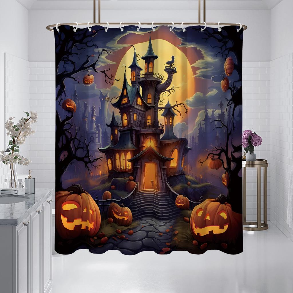 1 Piece Of 180X180Cm Shower Curtain With Halloween Castle Pumpkin Pattern Printed Partition Bathroom Waterproof And Mildew Proof