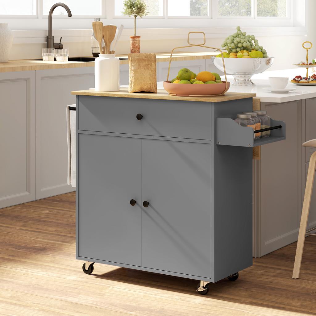 Kitchen Cart with Drawer, Cabinet Compartment, Towel Bar, 106 x 42 x 87 cm, Grey/Oak