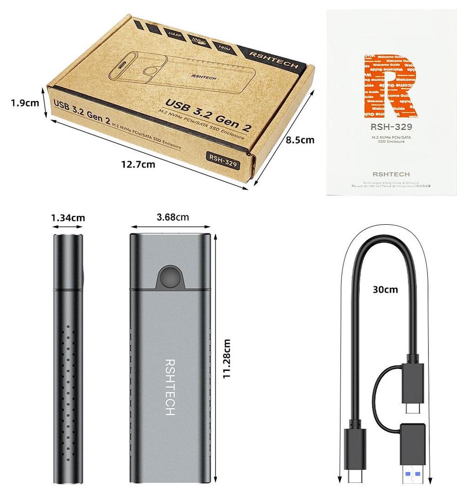 Rongshenghui M.2 SSD Enclosure USB-C to NVME/NGFF Dual Protocol External Drive Case