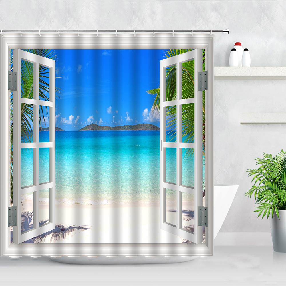 Tropical Landscape Shower Curtain 3D Open Window Ocean Beach Starfish Shell Palm Tree Scenery Waterproof Bathroom Decor Curtains