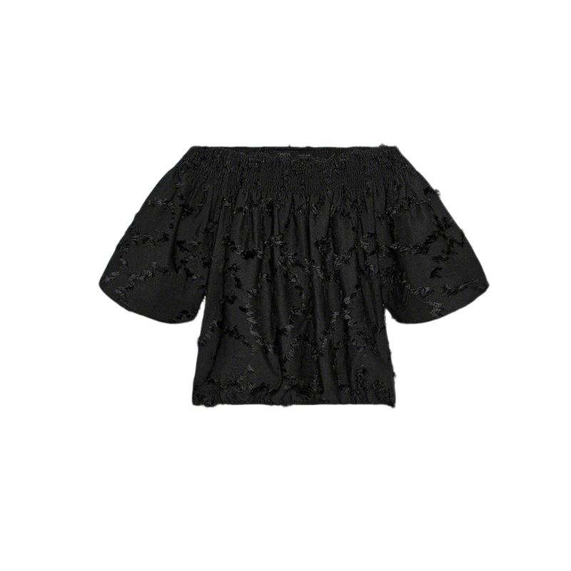 

Autumn New Women s Clothing off-Shoulder Collar Elastic Neckline Frayed Edge Puff Sleeves Loose Tops 4387803 Black L