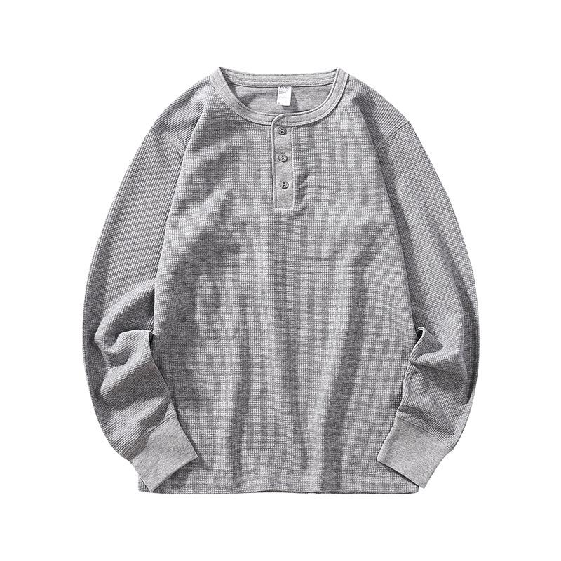 Herren Herbst Schwergewicht Retro Waffel Langarm T-Shirt Lockeres Henley Kragen Shirt