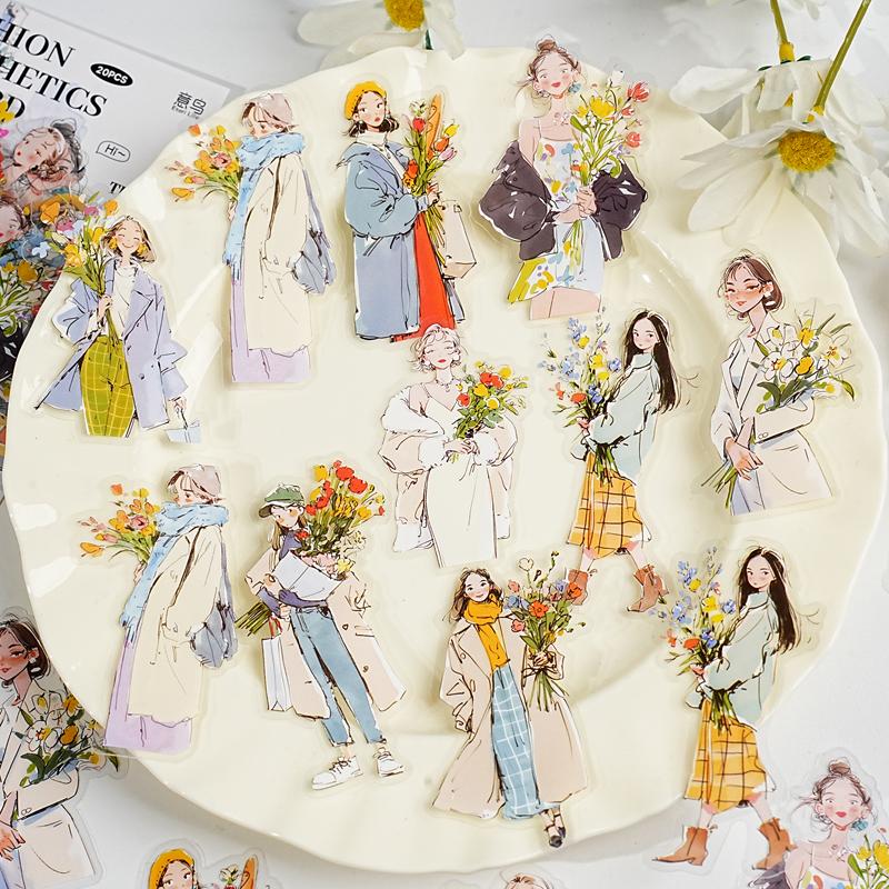 JIAMEI 20pcs Dressing Aesthetics Record Series Creative Fashion Character PET Stickers DIY Diary Scrapbook Stationery Stickers
