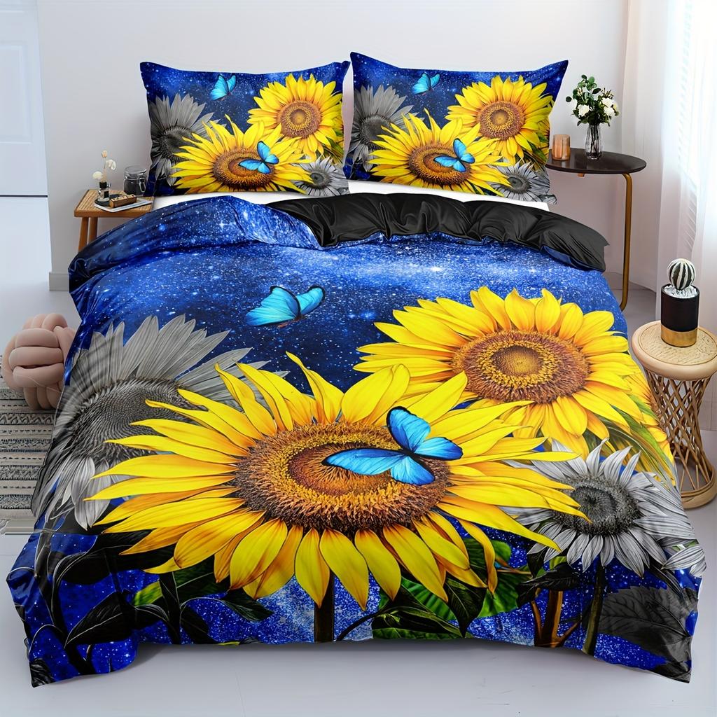 Comforter All-Season Breathable Polyester Sunflower And Butterfly With Zipper Closure Digital Print Floral Sky Pattern