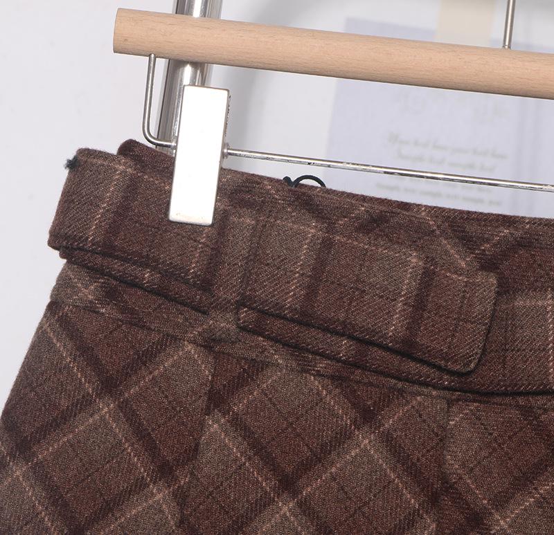 Women's High Waist Plaid Wool Skirt with Belt - Winter A-line Hip-Hugging Short Skirt