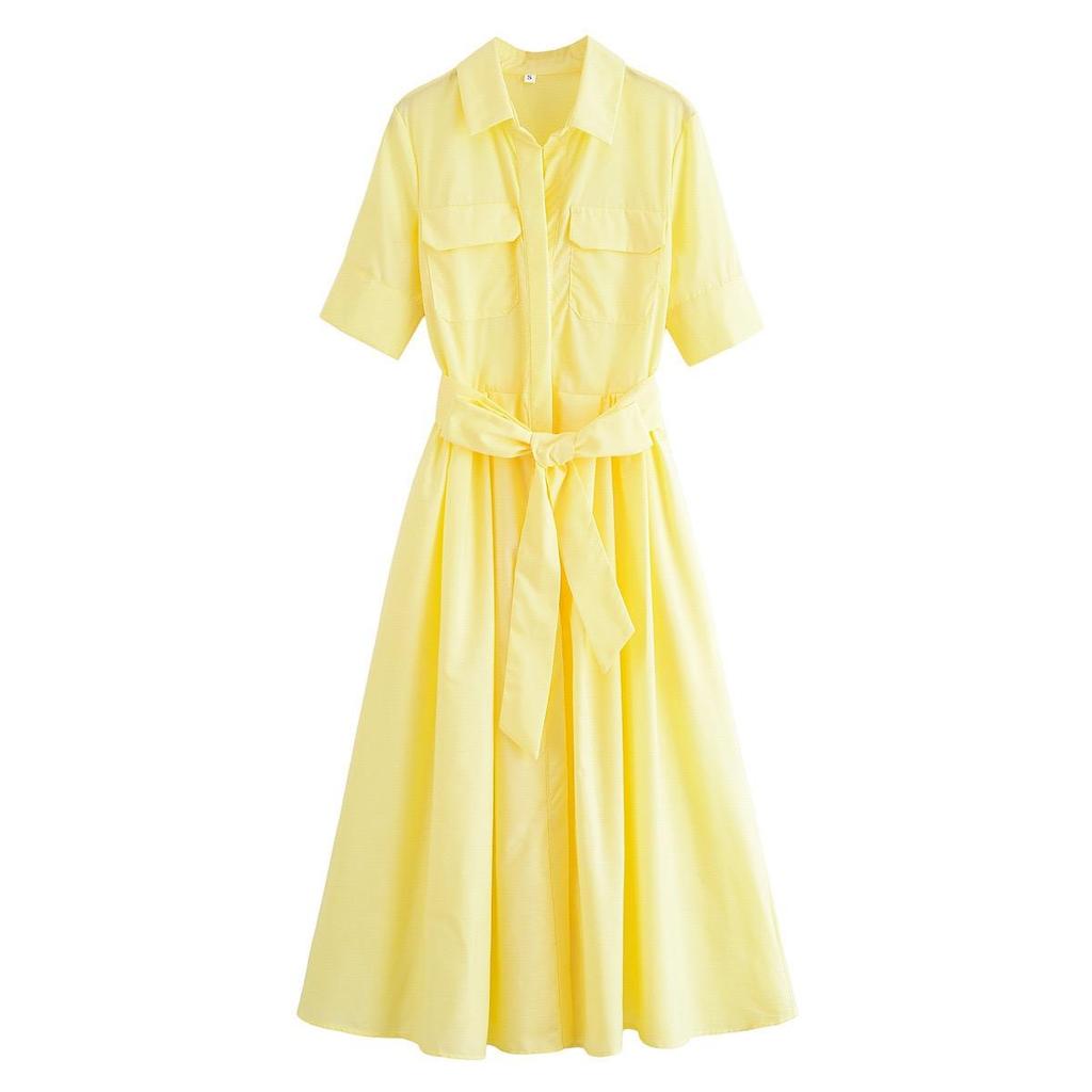 LYRIA Casual Striped Women Dress Lapel Single Breasted Short Sleeve Slim Waist Long Dresses New Lady Fashion Vacation Robe