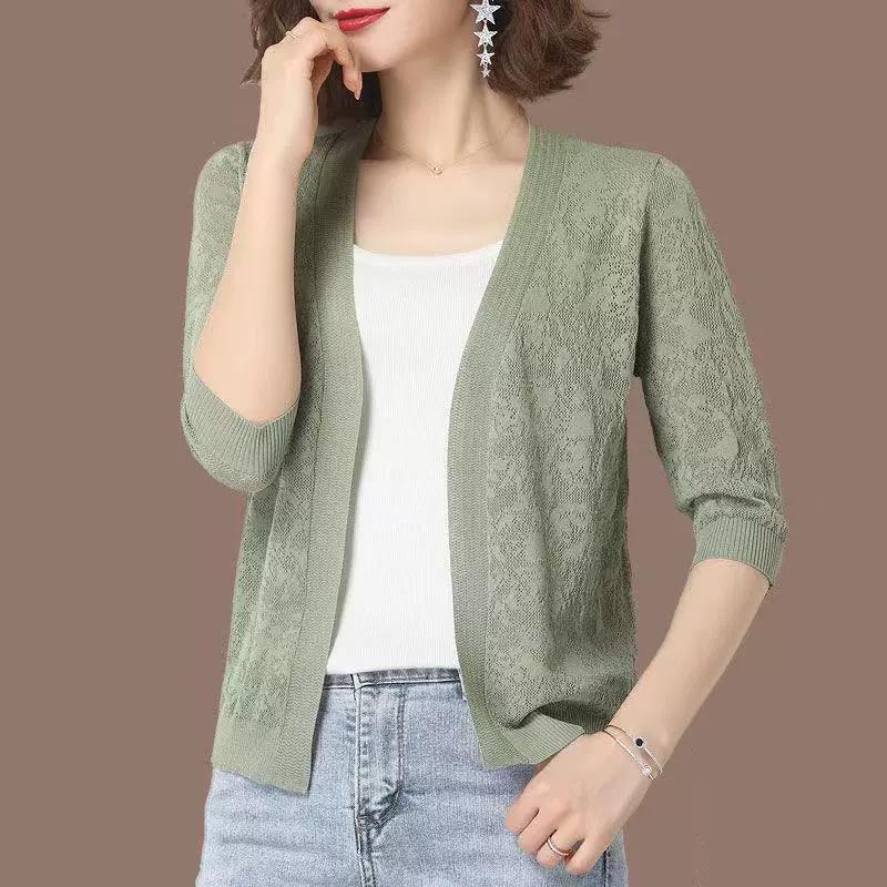 

Oversized Summer Knit Cardigan Jackets Half Sleeve Lace Knitwears Coats Korean Elegant Trendy Hollow Out Sunscreen Tops XS