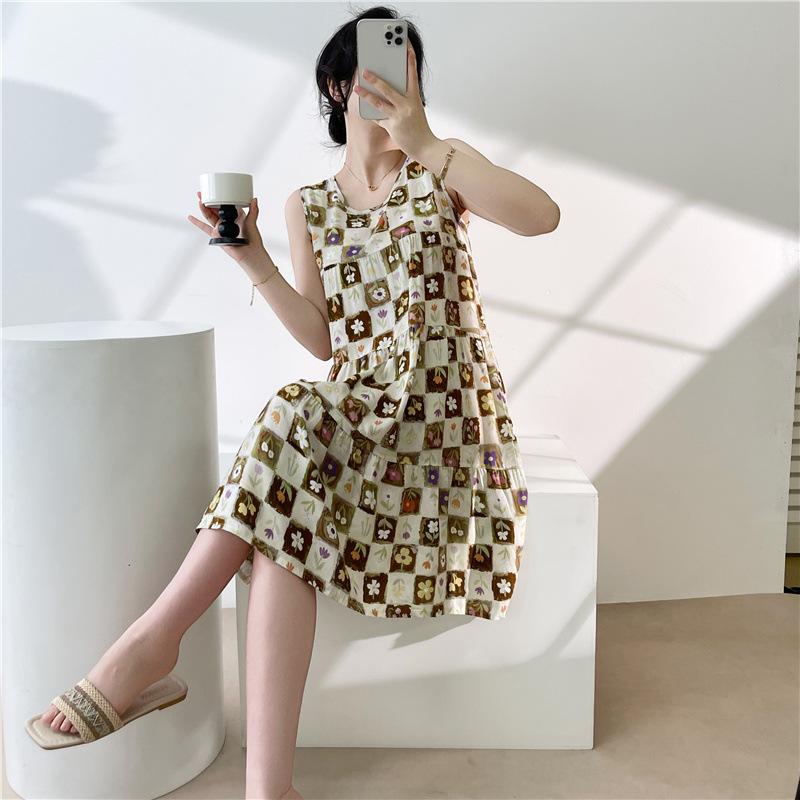 Women's Cotton and Silk Nightgown Summer Thin Internet Celebrity Large Size Printed Pajamas New Sleeveless Loungewear