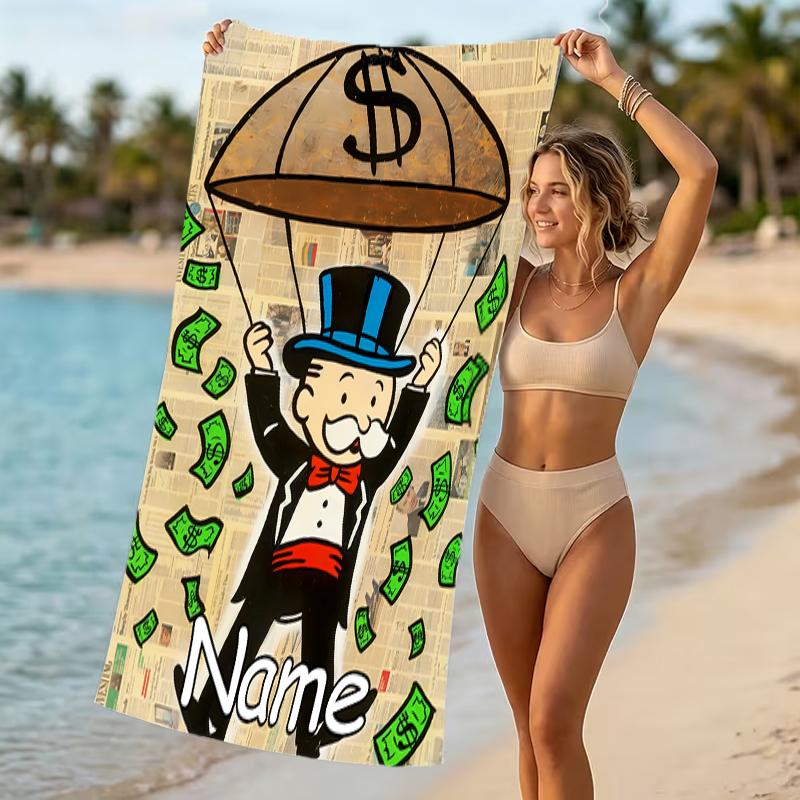 Customizable personalized beach towels Mr. Monopoly themed designs.Suitable for the beach, yoga, sports;ideal as beach accessories