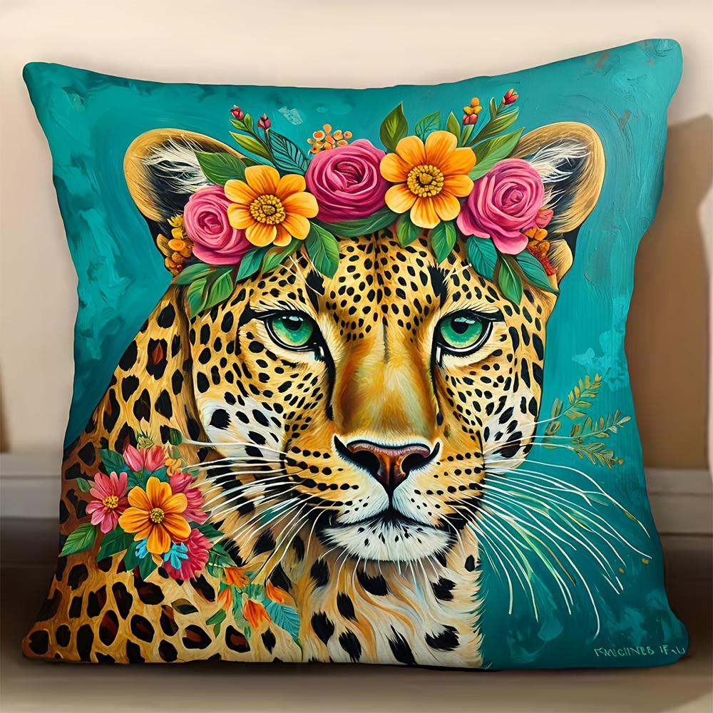 

2D flat- Boho Floral Leopard Throw Pillow Cover Teal Wild Cat Decorative Pillowcase for Home Living Room Bedroom Couch Sofa 45x45cm-1pcs