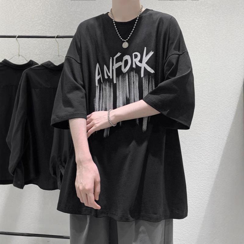 Men's Trendy Hong Kong Style Loose Short-Sleeve T-Shirt, Fashionable Round Neck Five-Point Sleeve Top