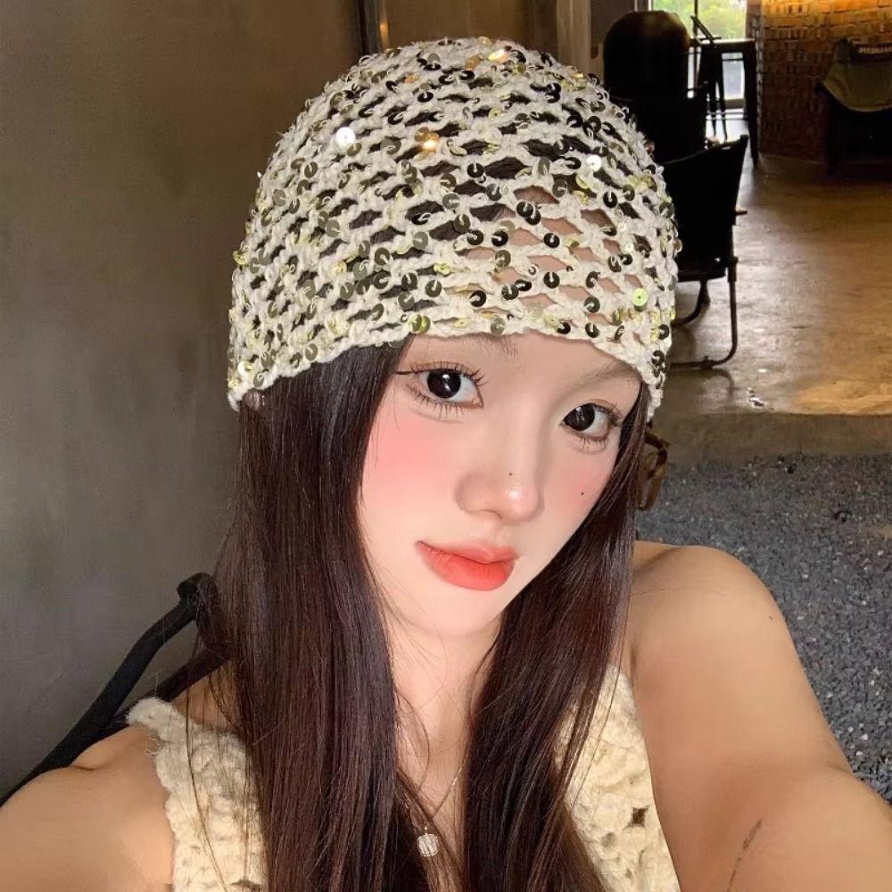 Retro Hollow Sequined Beanies Cap Korean Ear Protection Hat Fashion Knitted Hat For Women